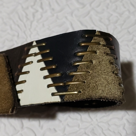 Vintage 90s Heavy Chunky Suede/Leather Patchwork And Brass Hip Belt, Size 36/34 main image 12